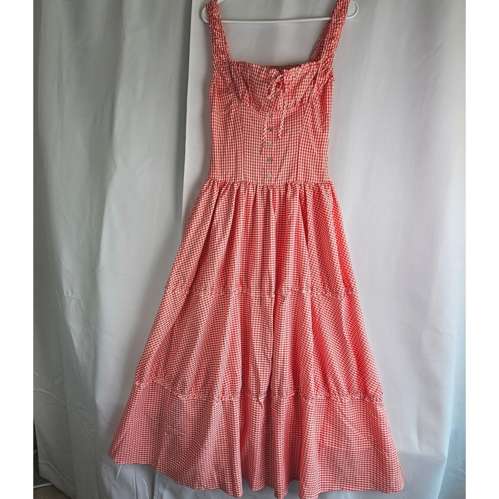 Red Gingham Cottagecore Midi Dress Sweetheart Milkmaid Summer Picnic Retro Small